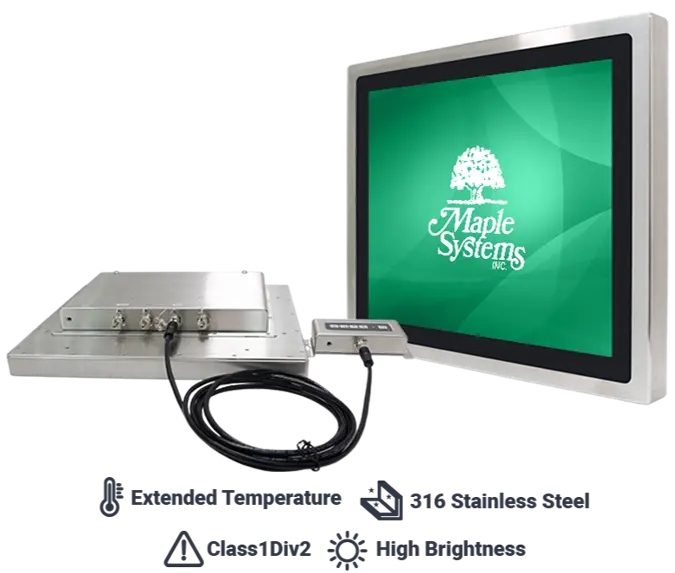 AEx-100 Series Industrial Monitor Front view of the AEx-100 Series industrial monitor with a 316 stainless steel enclosure, connected remote display controls, and icons highlighting extended temperature operation, Class I Division 2 certification, and high-brightness display.