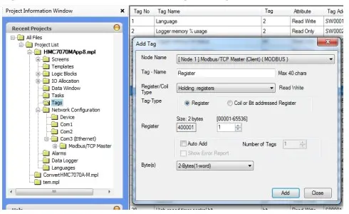 MAPware7000 Add Tag window in the Project Information window Add Tag window in the Project Information window in MAPware7000 using the Modbus TCP IP protocol