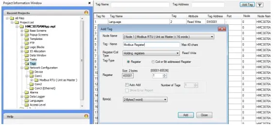 Add Tag window in the Project Information window in MAPware7000 Show the settings in the Add Tag window in MAPware7000 using the Modbus RTU Master protocol