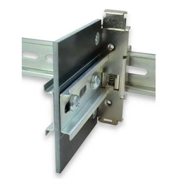 Maple Systems DINP03-3035D-2 is our DIN Rail Right Angle Adapter, 3.0″ x 3.5″ Plate, with 2.95″ 35mm Rail Section Installed on Both Sides