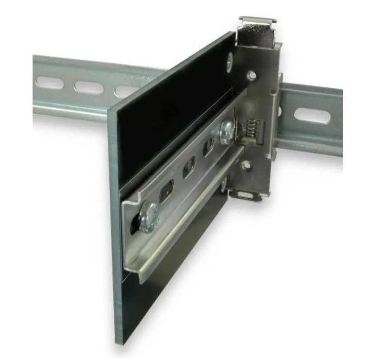 Maple Systems DINP03-5035D-1 is our DIN Rail Right Angle Adapter, 5.0" x 3.5" Plate, with 4.9" 35mm Rail Section Installed on Right Side