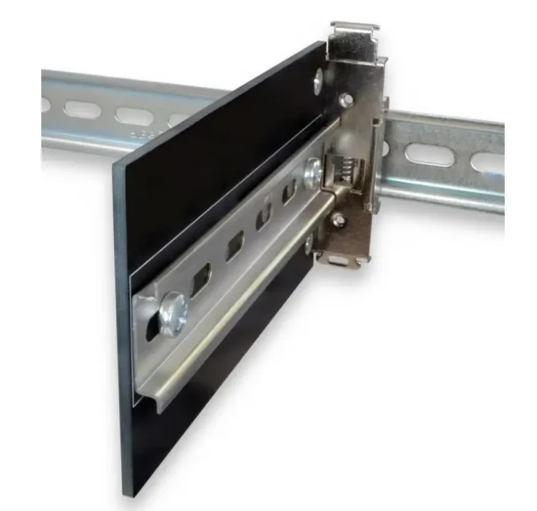 Maple Systems DINP03-6035D-1 is our DIN Rail Right Angle Adapter, 6.0″ x 3.5″ Plate, with 5.9″ 35mm Rail Section Installed on Right Side