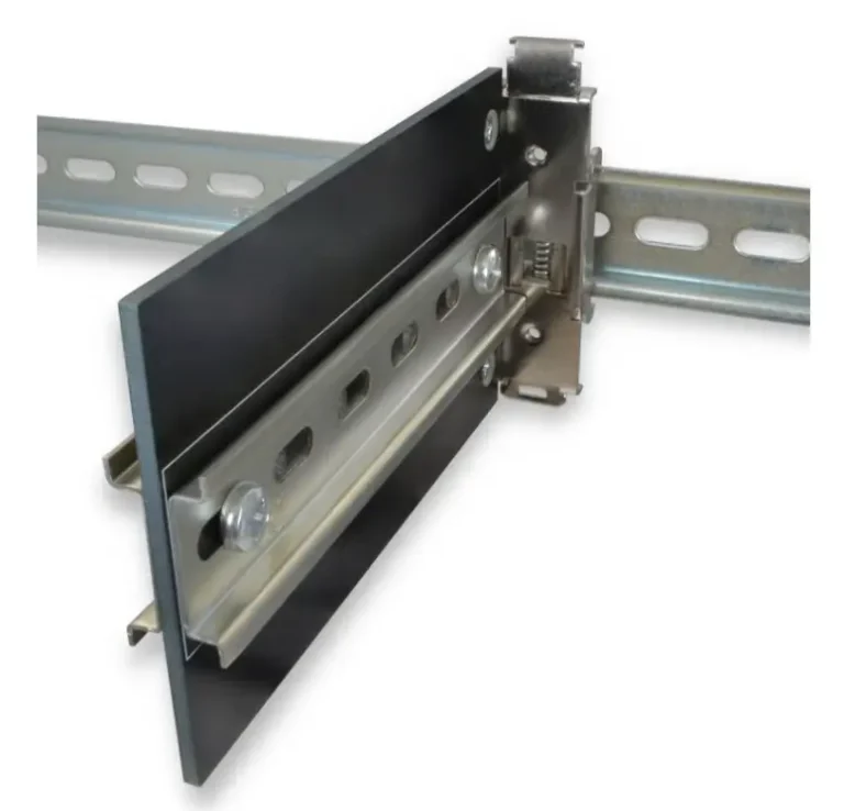 Maple Systems DINP03-6035D-2 is our DIN Rail Right Angle Adapter, 6.0″ x 3.5″ Plate, with 5.9″ 35mm Rail Section Installed on Both Sides