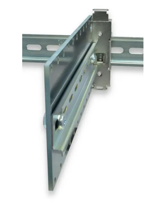 Maple Systems DINP03LR-88035DB-1 is our DIN Rail Right Angle Adapter, 8.0″ x 3.5″ Plate, with 7.87″ 35mm Rail Section Installed on Right Side; Perimeter Holes for Cable Management; Latch Release