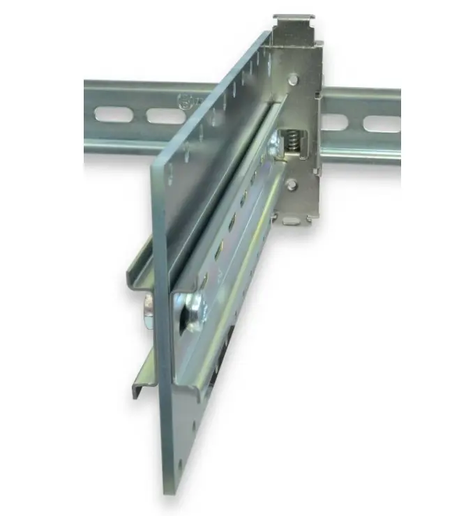 Maple Systems DINP03LR-88035DB-2 is our DIN Rail Right Angle Adapter, 8.0″ x 3.5″ Plate, with 7.87″ 35mm Rail Section Installed on Both Sides; Perimeter Holes for Cable Management; Latch Release