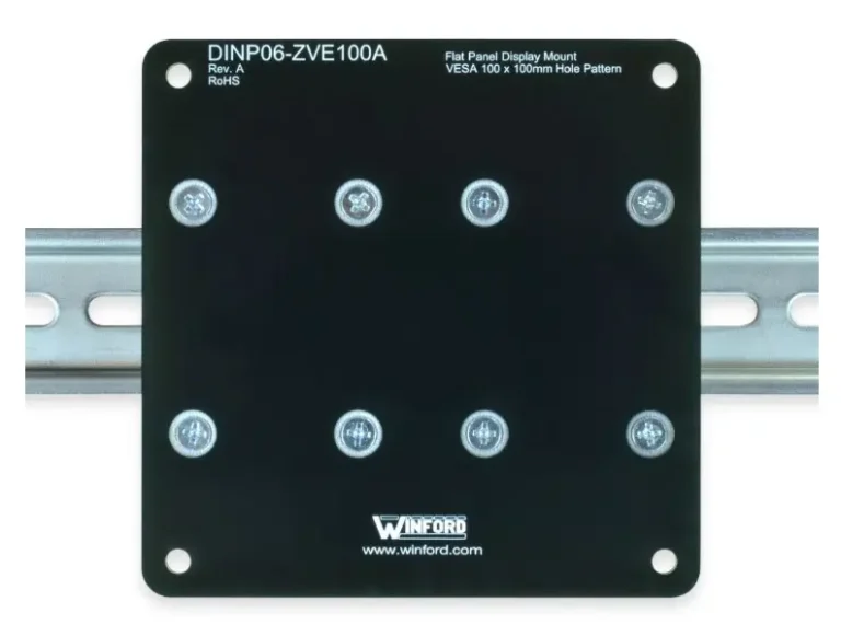 Maple Systems DINP06-ZVE100A is our DIN-Rail, Mounting Plate for VESA Displays & Devices with 100 x 100mm Hole Pattern; FR4 Material; for 35mm DIN Rail