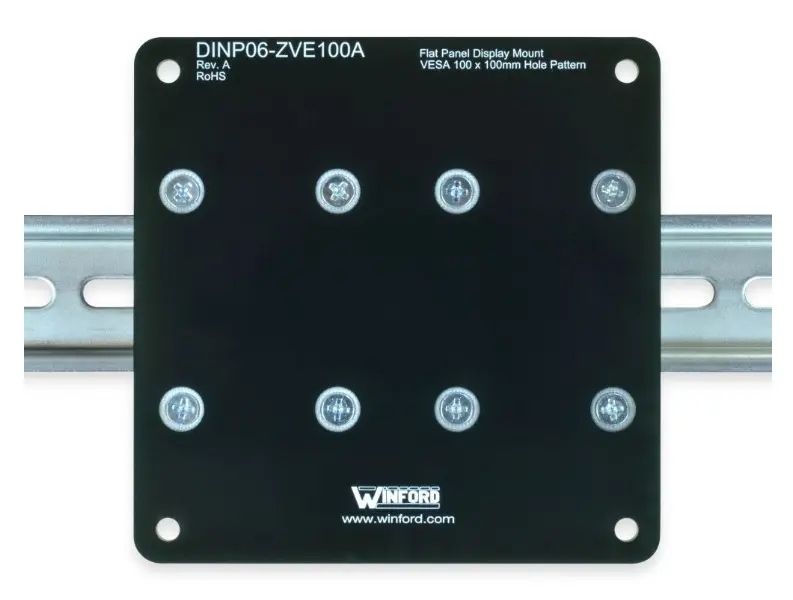 Maple Systems DINP06-ZVE100A is our DIN-Rail, Mounting Plate for VESA Displays & Devices with 100 x 100mm Hole Pattern; FR4 Material; for 35mm DIN Rail