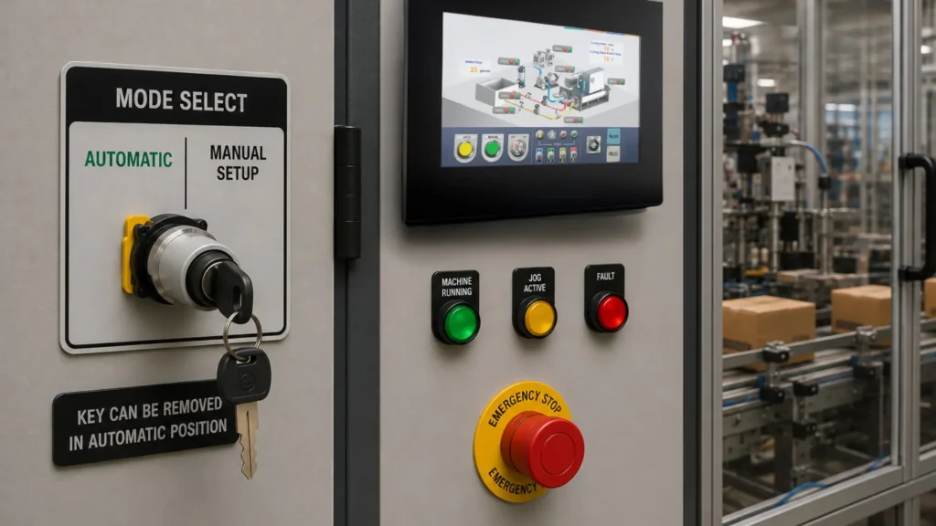 drawable keyed selector switch auto manual mahcine setup with hmi