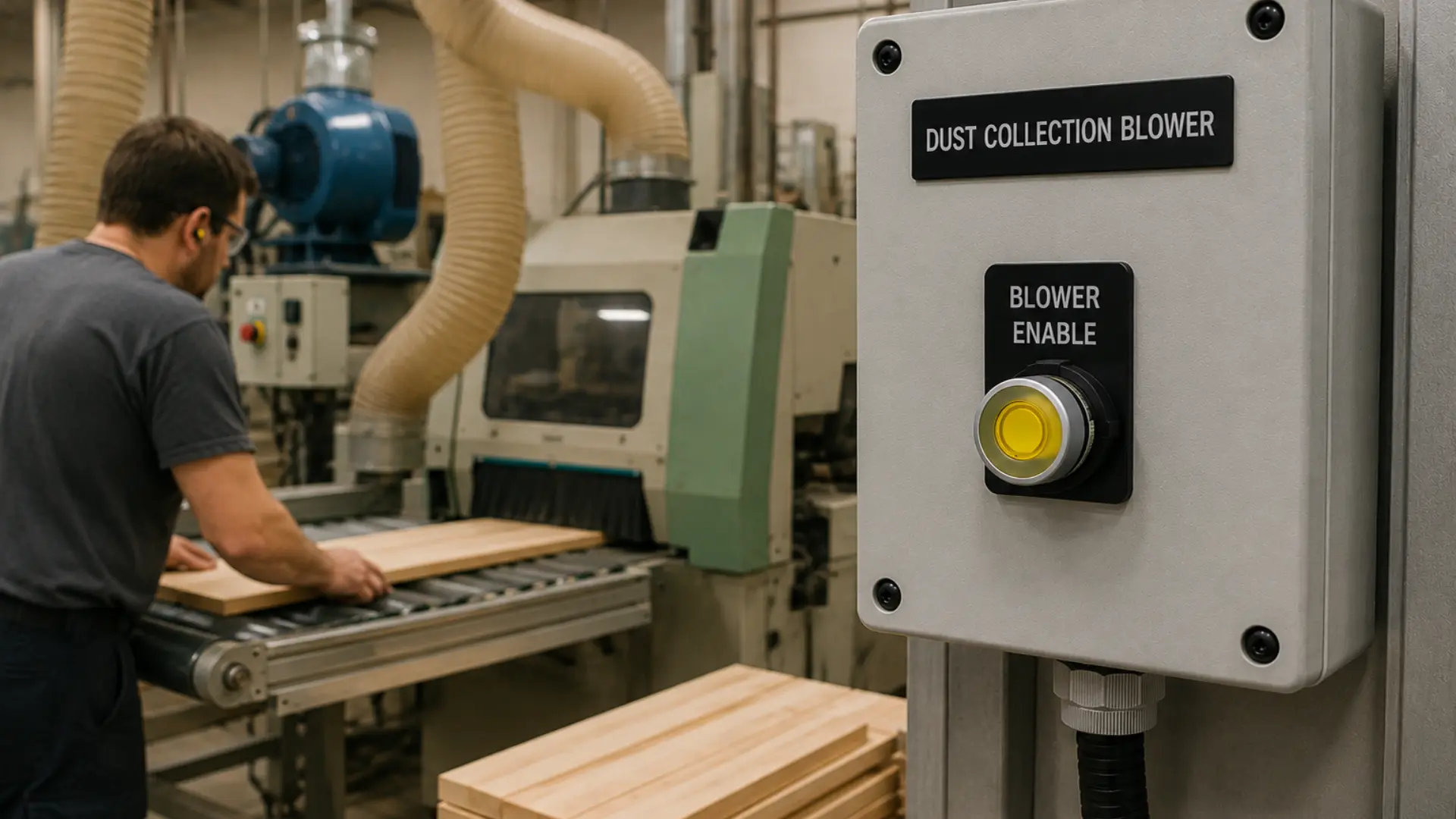 Toggle pushbutton used for dust collection blower on and off for woodworking production