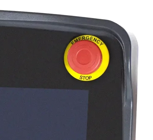 A Picture of the top-right corner of the cMT3106XM, demonstrating the built-in E-Stop button.