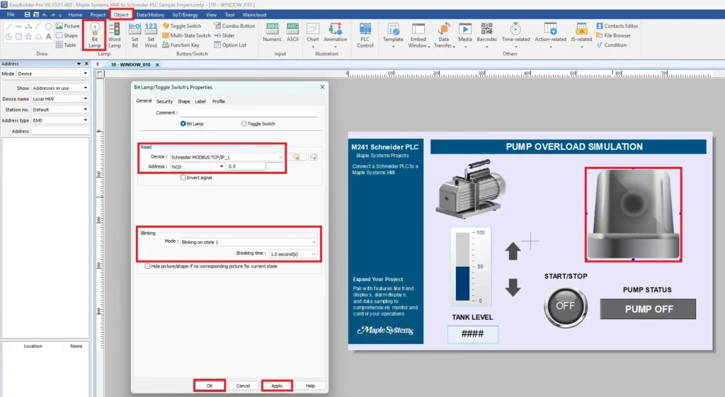 EBPro Schneider PLC project User Interface alarm bit lamp for pump overload scenario