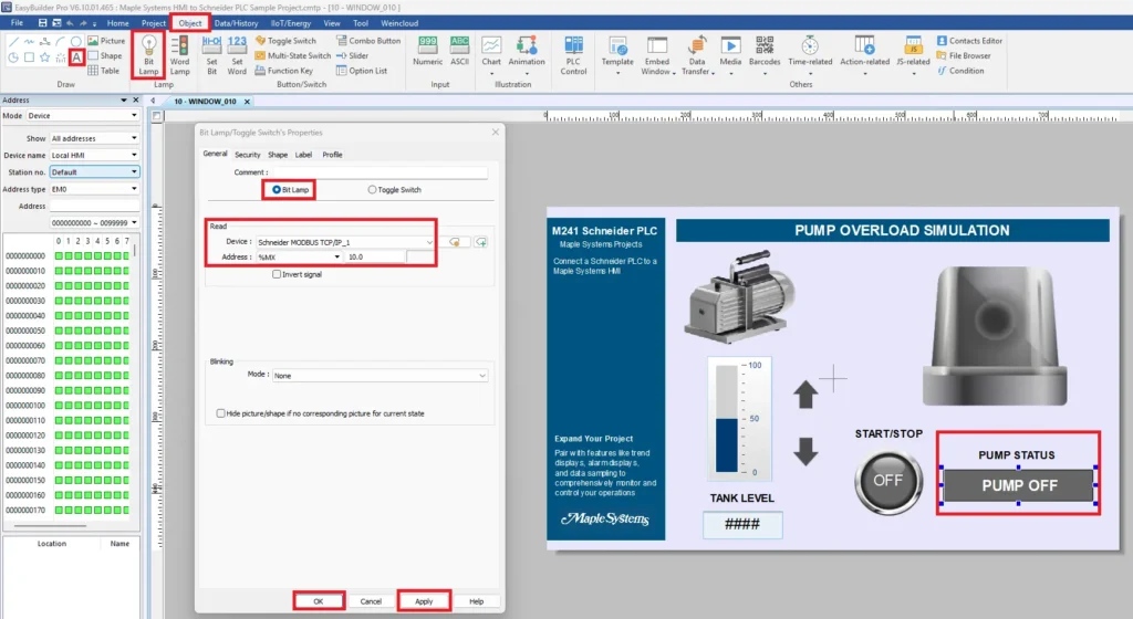 EBPro Schneider PLC project adding bit lamp for pump status