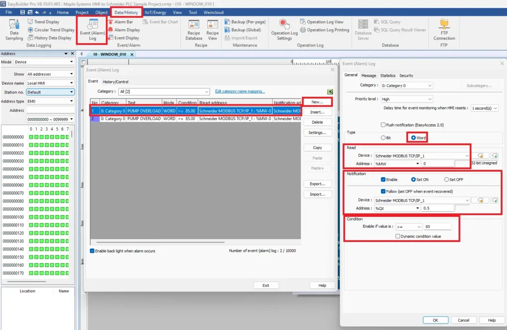 EBPro Schneider PLC project adding event alarm log for pump overload