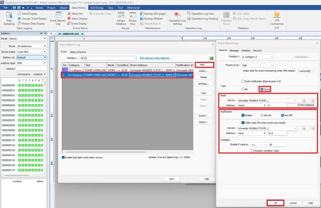 EBPro Schneider PLC project User Interface adding event alarm log pump status