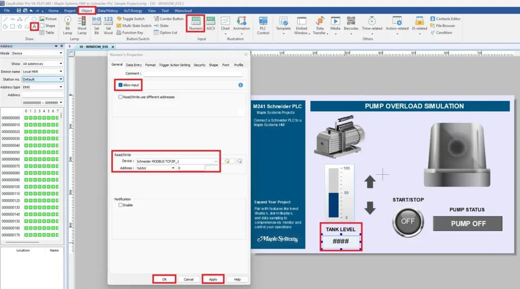 EBPro Schneider PLC project adding numeric object tank level