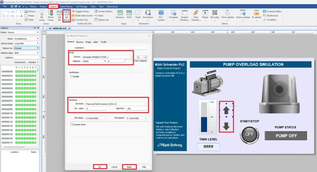 EBPro Schneider PLC projectadding set words as arrows adjust tank level