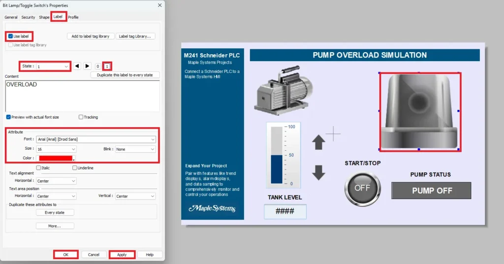 EBPro Schneider PLC project User Interface alarm bit lamp for pump overload and adding label to display on state 1 and blink