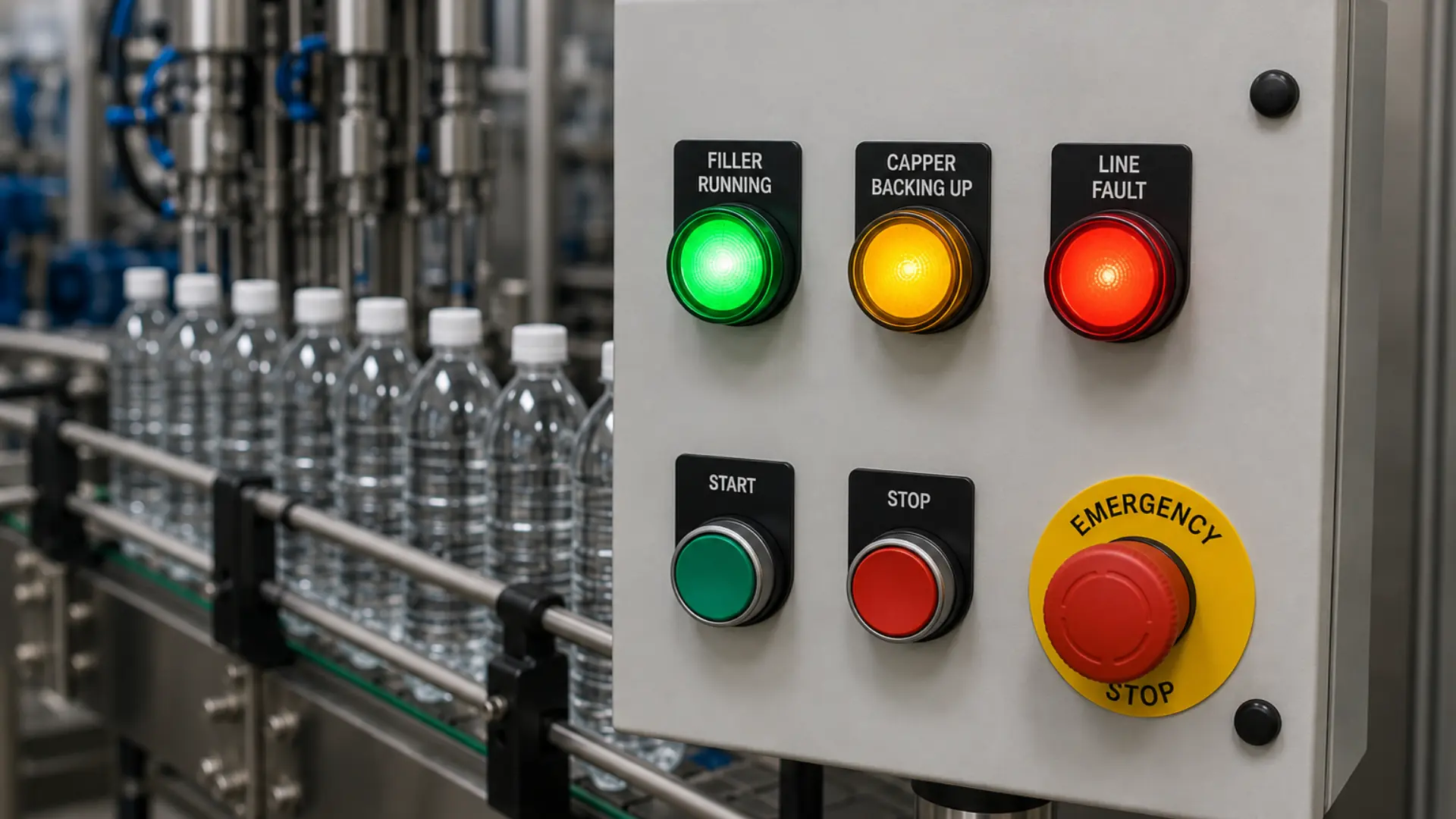 Industrial Bottling Line using Indicator Lights for filler running capper backing up and line fault