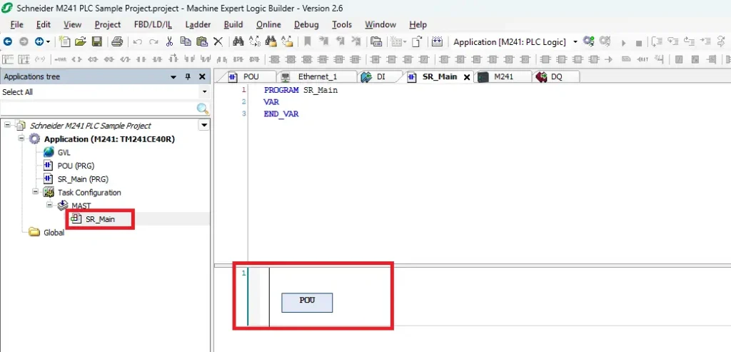 Machine Expert SR Main Call POU Program in ladder logic
