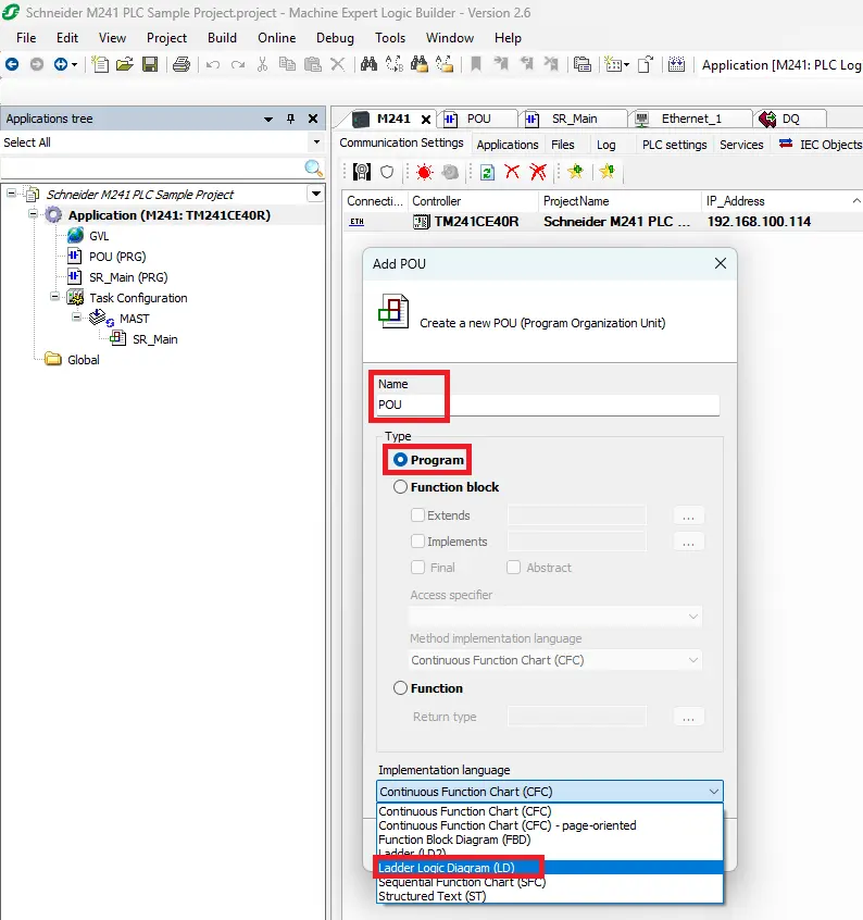 Machine Expert project New Project POU configuration settings to build variables
