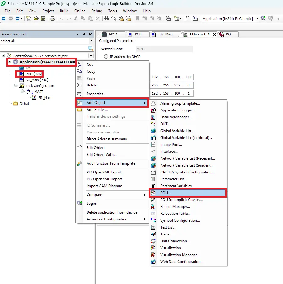 Machine Expert project New Project add POU program to build variables