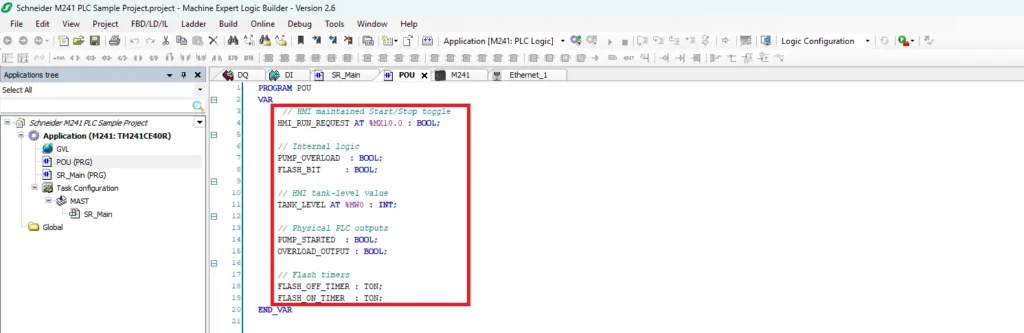Machine Expert project POU variables window being shown
