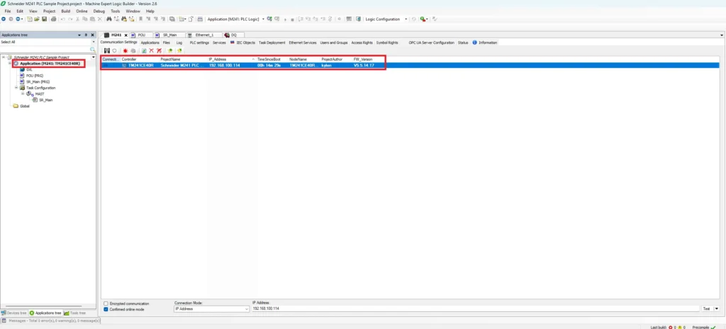 Machine Expert project communication setting options