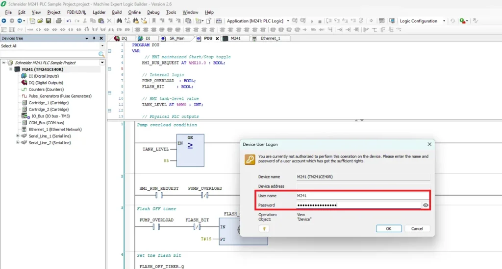 Machine Expert project device user login screen enter user and password