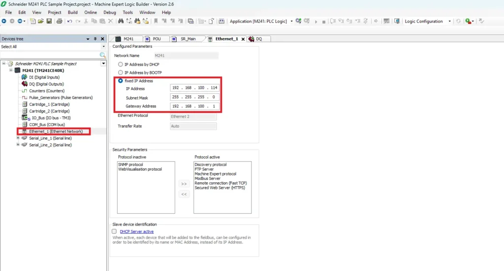 Machine Expert project ethernet settings startic ip