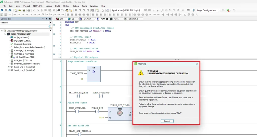 Machine Expert project login voltage warning before download