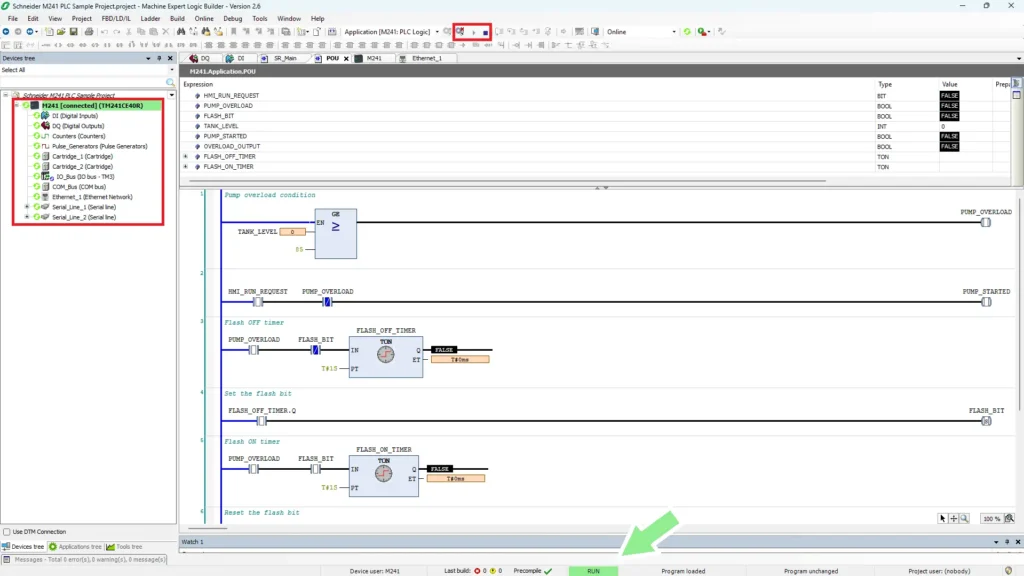 Machine Expert project online with PLC and showing live values