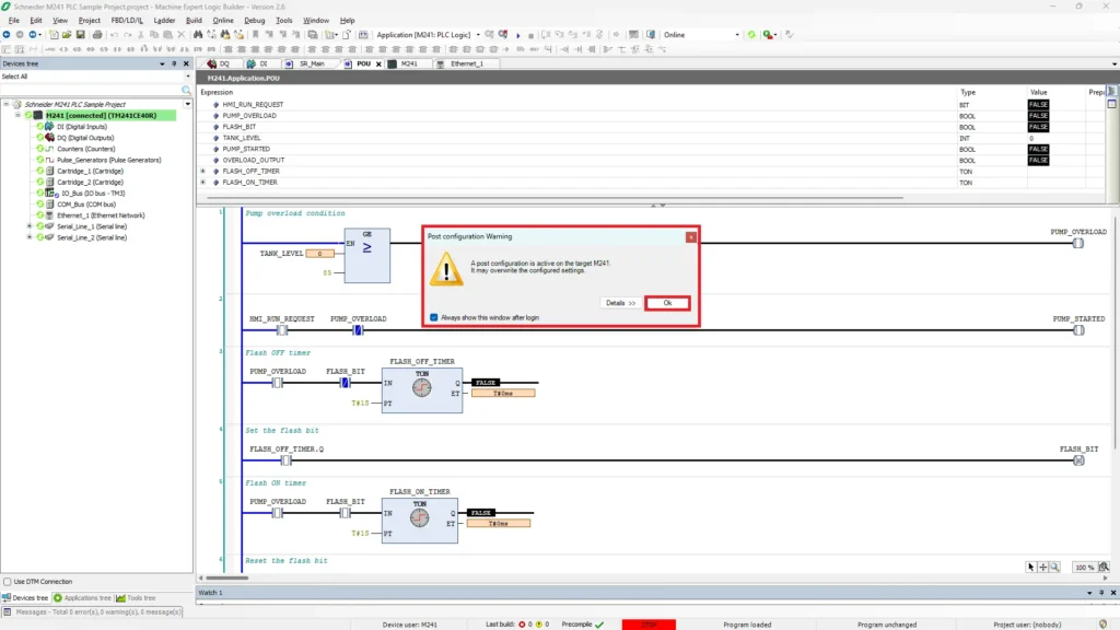 Machine Expert project post configuration warning changing settings