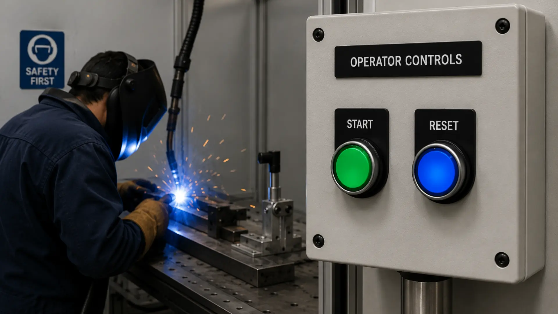 Manual Welding Station using momentary pushbuttons operator controls with reset and start buttons