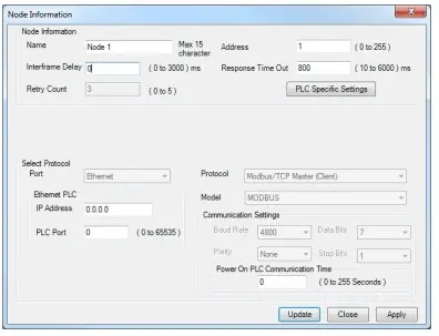 Node Information Window in MAPware7000 MAPware7000 Node Information Window settings for Modbus TCP IP protocol