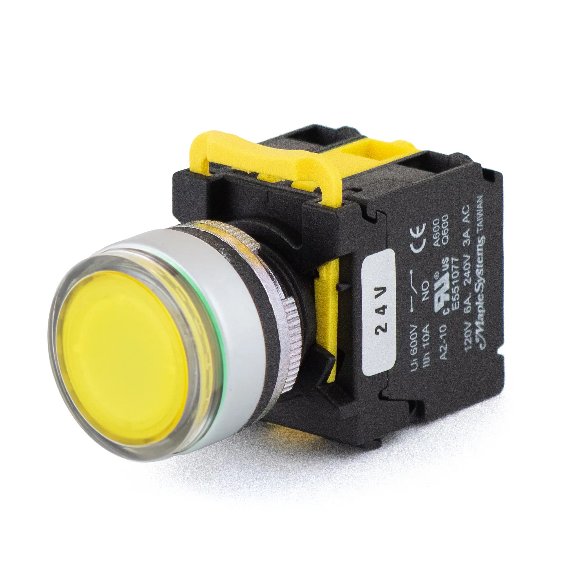 PBS111IM22Y-20L2 (1) Maple Systems Panel Mount Pushbutton Illuminated Momentary Guard Ring Metal Yellow 22mm PBS111IM22Y-20L2
