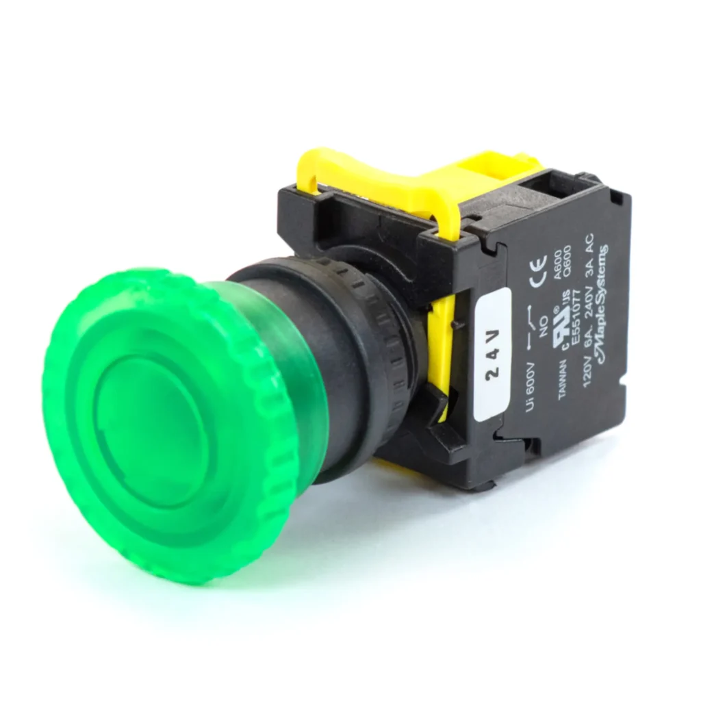 Maple Systems Control Panel Pushbutton Illuminated Knurled Mushroom Head Plastic Green 22mm PBS111KP22G-10L2