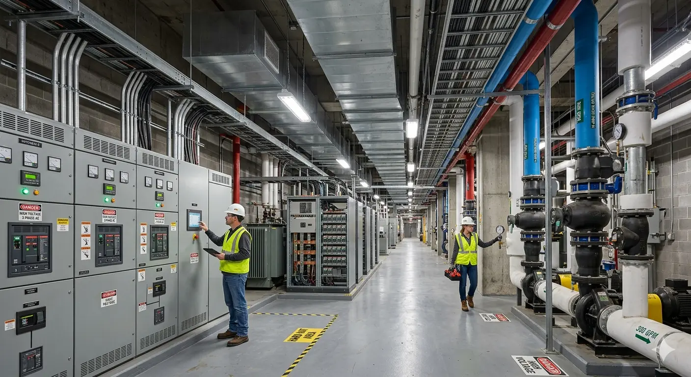Shows workers in the grey space in a data center
