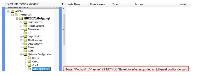 Project Information Window in MAPware7000 Project Information Window in MAPware7000 when using the Modbus TCP IP protocol.