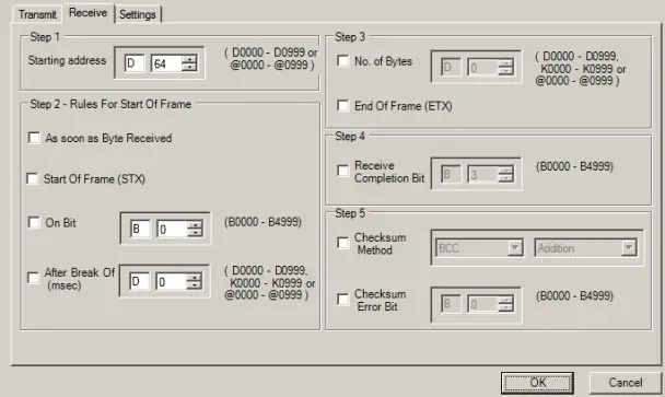 Receive tab in MAPware7000 Set the parameters in the Receive tab in MAPware7000 for the ASCII driver