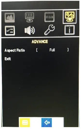 AEx-100 Series OSD Advance menu OSD Advance menu showing the aspect ratio setting.
