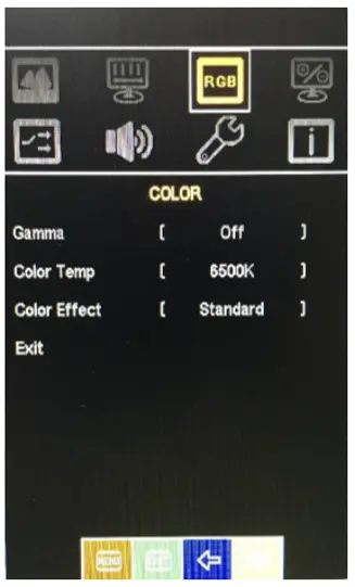 AEx-100 Series OSD Color Menu OSD Color menu showing gamma, color temperature, and color effect settings.