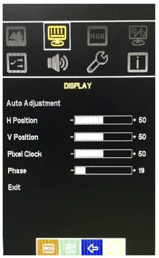 AEx-100 Series OSD Display menu OSD Display menu showing controls for auto adjustment, horizontal position, vertical position, pixel clock, and phase.