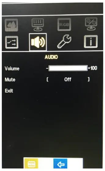 AEx-100 Series OSD Audio menu OSD Audio menu showing volume and mute controls.
