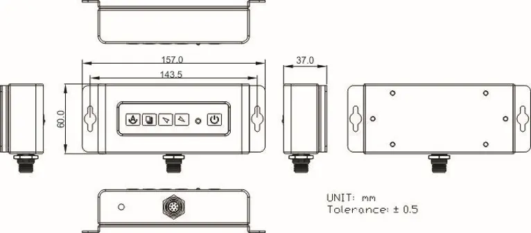 AEx-100 Series OSD Controller Diagram Mechanical drawing of the AEx-100 Series remote OSD controller showing front, side, top, and rear views with dimensions and mounting details.