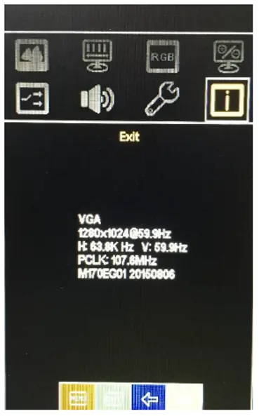 AEx-100 Series OSD Information menu OSD Information menu displaying the current input source, resolution, refresh rate, and monitor firmware version.