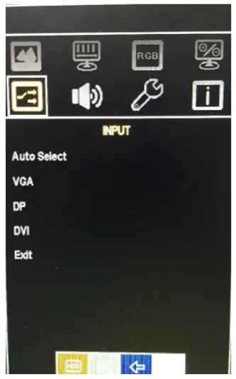 AEx-100 Series OSD Input menu OSD Input menu showing input source selection options including Auto Select, VGA, DP, and DVI.