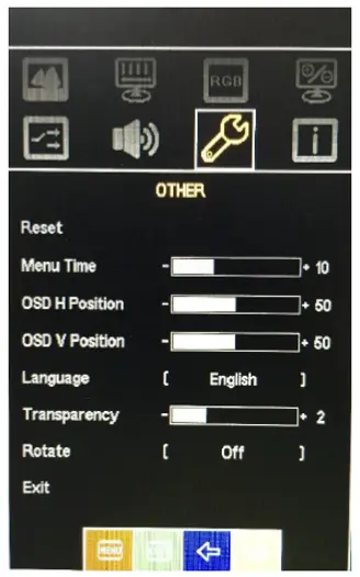 AEx-100 Series OSD Other menu OSD Other menu showing reset, menu timeout, OSD position, language, transparency, and rotation settings.