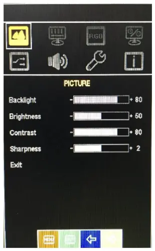 AEx-100 Series OSD Picture Menu OSD Picture menu showing controls for backlight, brightness, contrast, and sharpness.