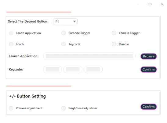 Programmable Button Setting application showing options to assign functions such as application launch, barcode trigger, camera trigger, torch, keycode, or volume and brightness adjustment to the RT1211 Series rugged tablet's programmable buttons.