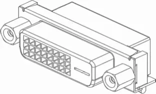 Illustration of a DVI-D video connector showing the rectangular pin array, flat blade contact, and mounting screw posts on both sides for securing the cable connection.